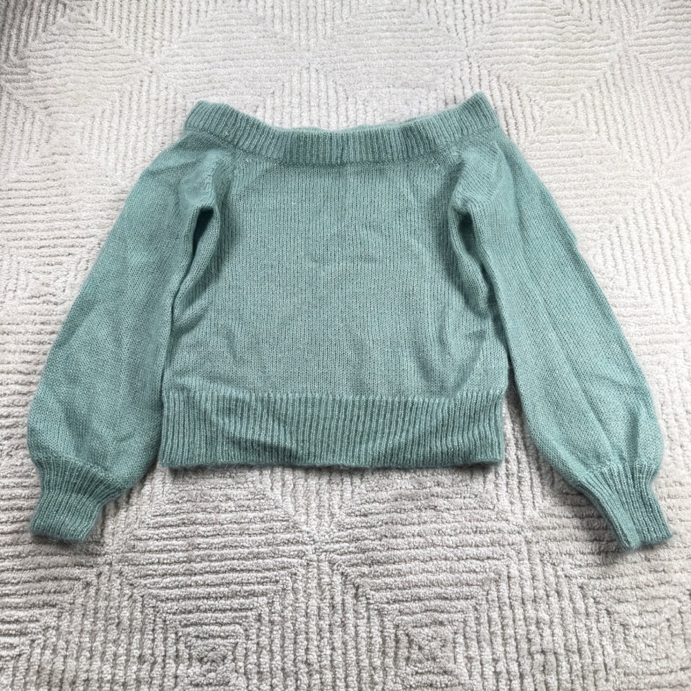 Intermix Off Shoulder Sweater Women's S Mint Green Mohair Wool Metallic Shimmer